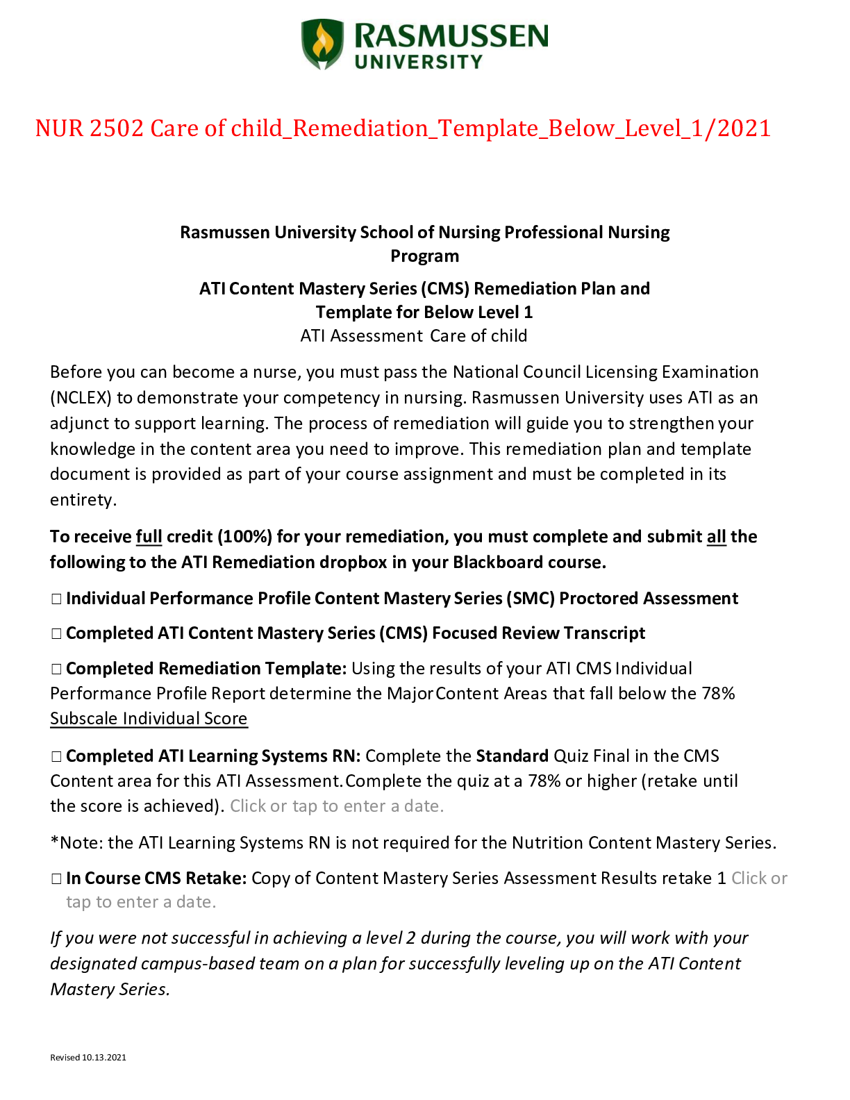 Preview of NUR 2502 Care of child_Remediation_Template_Below_Level_1/2021,1005 CORRECT